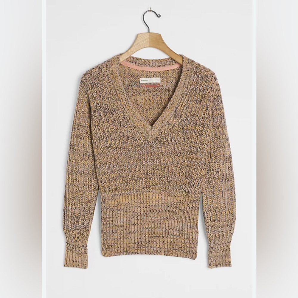EUC Anthropologie Marika Vneck sweater chunky knit wool‎ blend winter classy Sm